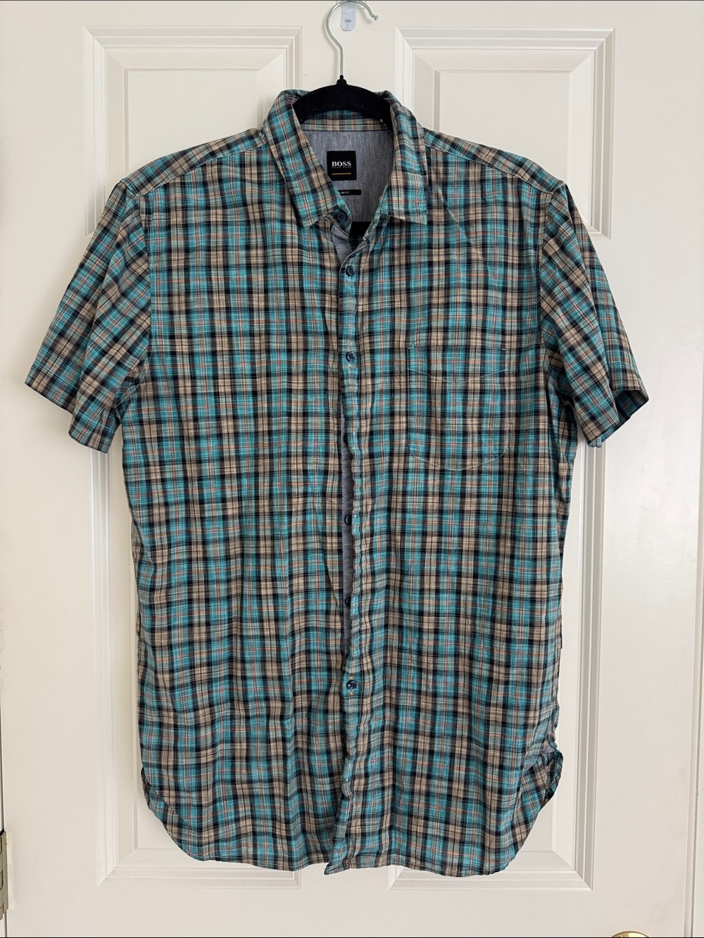 BOSS Plaid Short-Sleeve Button-Down in Teal and Gray